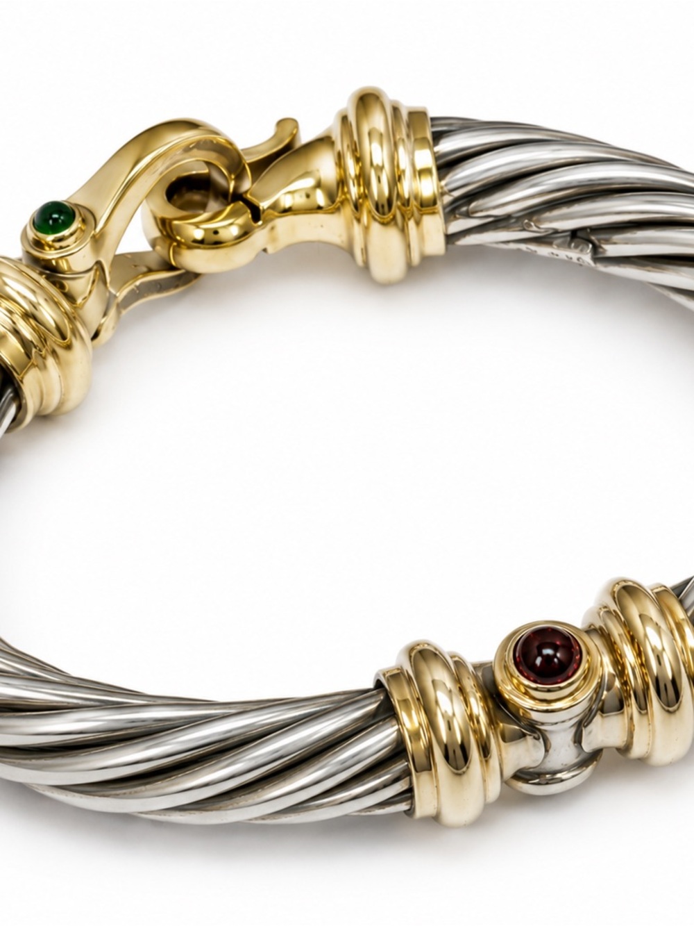 David Yurman Two-Tone Silver and Gold Twisted Cable Bracelet with Green Accent - Picture 4 of 10